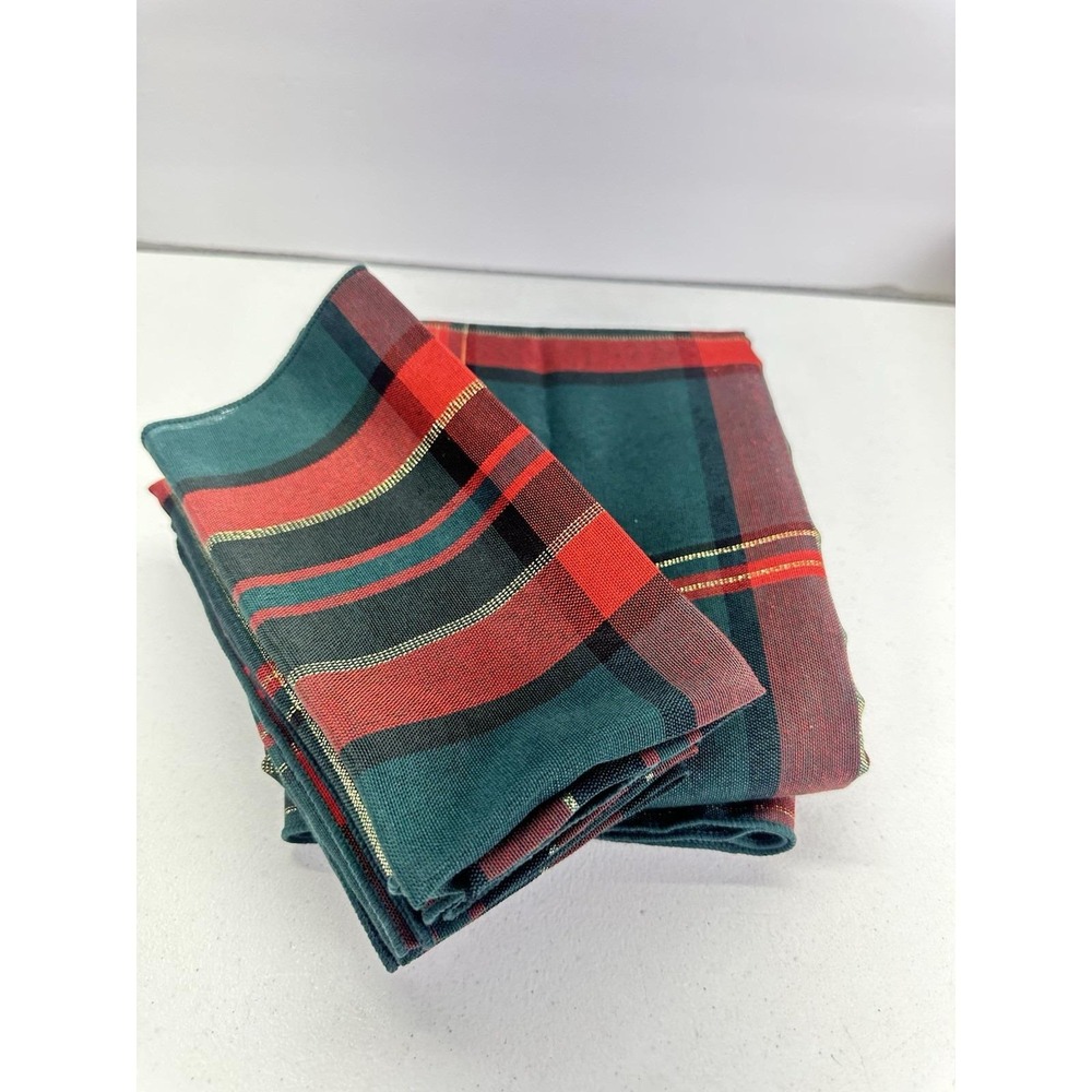 Vtg 1996 Christmas Tartan Plaid Tablecloth 60x82 & 4 Napkins Set Red Green Gold